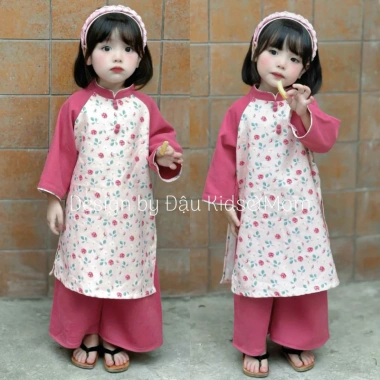Áo dài nhung Hỏa Tốc Tết bé gái - BST Đậu Kids&Mom kèm bờm, giảm giá 275k