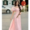 Áo dài nữ cách tân tay bồng hồng pastel 4 tà đính đá sang chảnh tiểu thư 2