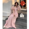 Áo dài nữ cách tân tay bồng hồng pastel 4 tà đính đá sang chảnh tiểu thư 3