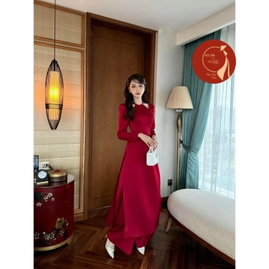 Áo dài nữ cách tân tay dài cổ yếm ôm trơn màu đỏ đô - Siêu sang mặc Tết, giảm 285.000₫ 7