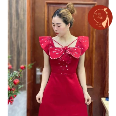 Áo dài nữ tay cánh tiên tafta thêu nổi, cổ vuông phối nơ, điệu đà – 79.000₫ 3