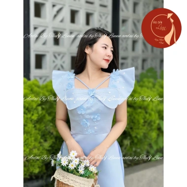 Áo dài nữ tay cánh tiên tafta thêu nổi, cổ vuông phối nơ, điệu đà – 79.000₫ 5