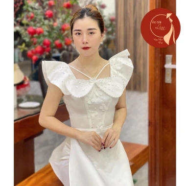 Áo dài nữ tay cánh tiên tafta thêu nổi, cổ vuông phối nơ, điệu đà – 79.000₫ 7