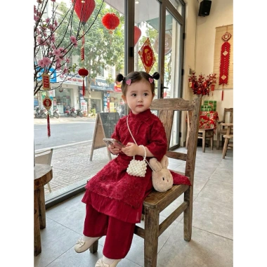 Áo dài ren đỏ bé gái 10-28kg kèm bờm xinh size dưới 130cm, thiết kế tinh tế, giảm giá 135.000đ