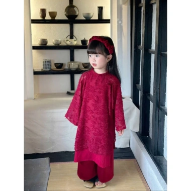 Áo dài ren đỏ bé gái 10-28kg kèm bờm xinh size dưới 130cm, thiết kế tinh tế, giảm giá 135.000đ