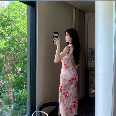 Áo Dài Tay Không Nhung In Hoa Hồng Khai Cao Gót Ôm Sát Phong Cách Gợi Cảm Suzanne 8