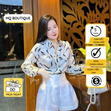 Áo dài tay lụa nữ MQ Boutique trắng họa tiết hoa cánh to - công sở, giảm 289k