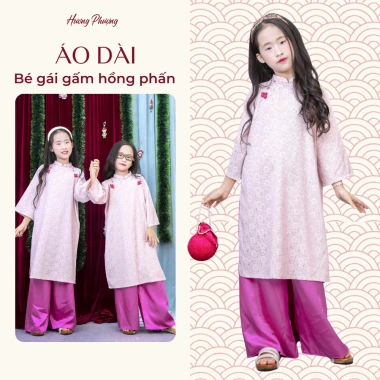 Áo Dài Tết 2.026 Bé Gái Hồng Phấn Gấm Nguyệt Cúc Dệt Nổi Set Dễ Thương Giá 249.000đ