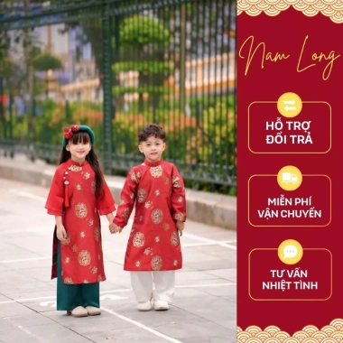 Áo dài tết An Khang đỏ cho anh em và trẻ em, chất Tafta mềm mịn, đủ size, giảm còn 205.000₫