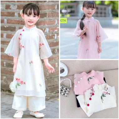 Áo dài Tết bé gái 10-30kg - Cách tân thêu hoa, chất vải thoáng mát, giá chỉ 148.000₫