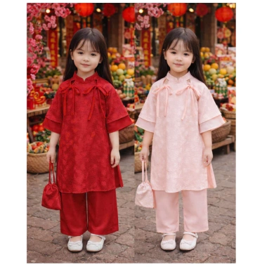 Áo dài Tết bé gái 10-30kg Set gấm hoa vân nổi và quần lụa xuông, tặng túi gấm Bami Kids