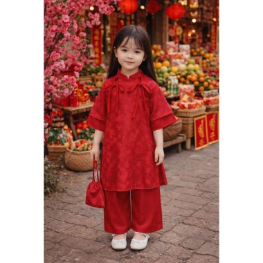 Áo dài Tết bé gái 10-30kg Set gấm hoa vân nổi và quần lụa xuông, tặng túi gấm Bami Kids