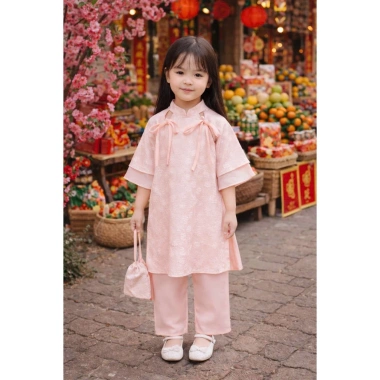 Áo dài Tết bé gái 10-30kg Set gấm hoa vân nổi và quần lụa xuông, tặng túi gấm Bami Kids 3 Áo dài Tết bé gái 10-30kg Set gấm hoa vân nổi và quần lụa xuông, tặng túi gấm Bami Kids 3