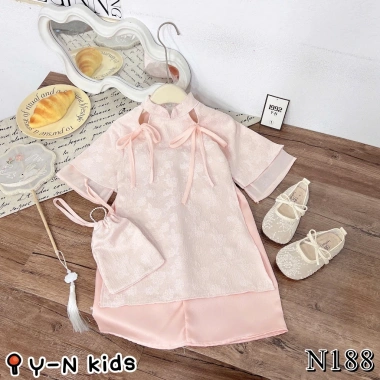 Áo dài Tết bé gái 10-30kg Set gấm hoa vân nổi và quần lụa xuông, tặng túi gấm Bami Kids