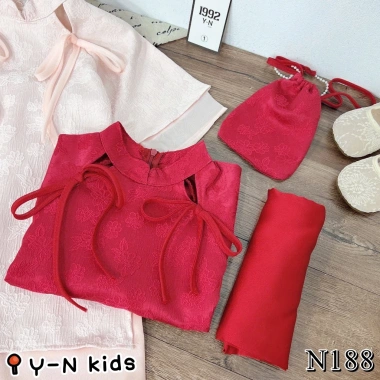 Áo dài Tết bé gái 10-30kg Set gấm hoa vân nổi và quần lụa xuông, tặng túi gấm Bami Kids