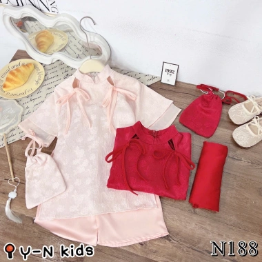 Áo dài Tết bé gái 10-30kg Set gấm hoa vân nổi và quần lụa xuông, tặng túi gấm Bami Kids