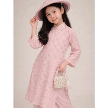 Áo dài Tết bé gái 2.026 cách tân sang chảnh vải kim sa hoa 4 cánh thiết kế tinh tế đẹp mắt - 109.000đ