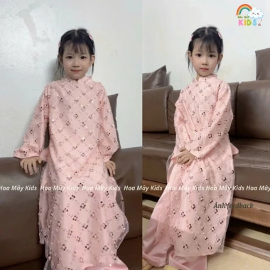 Áo dài Tết bé gái 2.026 cách tân sang chảnh vải kim sa hoa 4 cánh thiết kế tinh tế đẹp mắt - 109.000đ