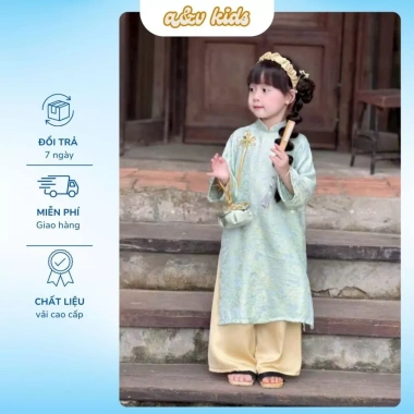 Áo Dài Tết Bé Gái A&V KIDS Gấm Tơ Hoa Chìm Cổ Tròn Dáng Rộng Sang Chảnh 300k 2