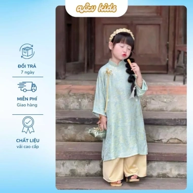 Áo Dài Tết Bé Gái A&V KIDS Gấm Tơ Hoa Chìm Cổ Tròn Dáng Rộng Sang Chảnh 300k 3