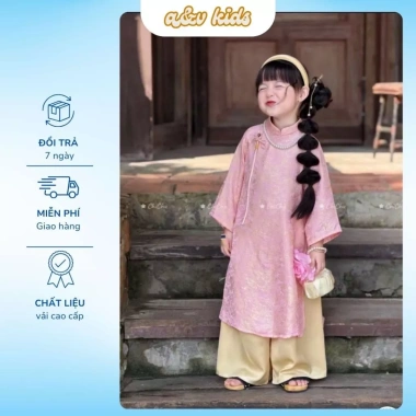 Áo Dài Tết Bé Gái A&V KIDS Gấm Tơ Hoa Chìm Cổ Tròn Dáng Rộng Sang Chảnh 300k 6