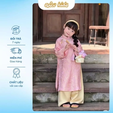 Áo Dài Tết Bé Gái A&V KIDS Gấm Tơ Hoa Chìm Cổ Tròn Dáng Rộng Sang Chảnh 300k 7