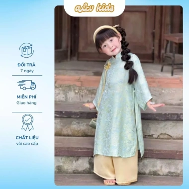 Áo Dài Tết Bé Gái A&V KIDS Gấm Tơ Hoa Chìm Cổ Tròn Dáng Rộng Sang Chảnh 300k 8