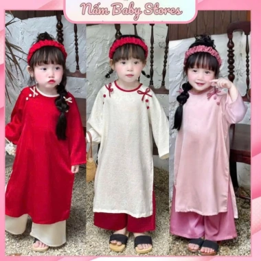 Áo Dài Tết Bé Gái Cách Tân Lụa Gấm Nơ Cúc Dáng Rộng - Tặng Bờm, Giá 212.900 VND 3