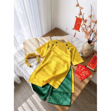 Áo dài tết bé gái gấm vân lụa sang, kèm bờm cao cấp - Giá chỉ 199.000₫