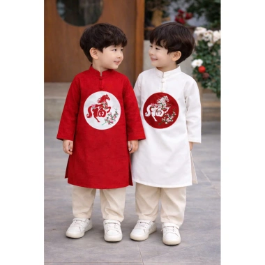 Áo dài Tết bé gái họa ngựa thêu độc đáo phong cách Boy Phố - Giá ưu đãi 108.680₫