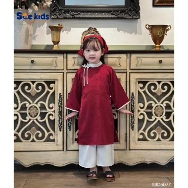 Áo Dài Tết Bé Gái Size 8-28kg Phối Nơ, Họa Tiết In Chìm - Tặng Khăn, Giá 385.000
