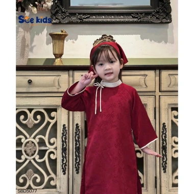 Áo Dài Tết Bé Gái Size 8-28kg Phối Nơ, Họa Tiết In Chìm - Tặng Khăn, Giá 385.000