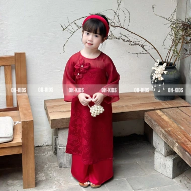 Áo Dài Tết Bé Gái Vải Lụa Gấm Đỏ Hoa 3D Nhẹ Nhàng, Thanh Lịch - Độc quyền OH KIDS 2