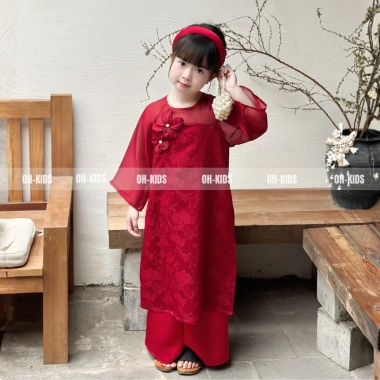 Áo Dài Tết Bé Gái Vải Lụa Gấm Đỏ Hoa 3D Nhẹ Nhàng, Thanh Lịch - Độc quyền OH KIDS 3