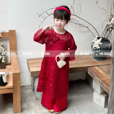 Áo Dài Tết Bé Gái Vải Lụa Gấm Đỏ Hoa 3D Nhẹ Nhàng, Thanh Lịch - Độc quyền OH KIDS 4