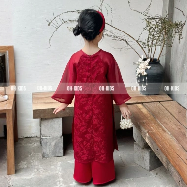 Áo Dài Tết Bé Gái Vải Lụa Gấm Đỏ Hoa 3D Nhẹ Nhàng, Thanh Lịch - Độc quyền OH KIDS 6
