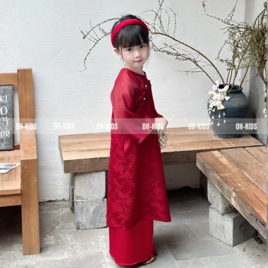 Áo Dài Tết Bé Gái Vải Lụa Gấm Đỏ Hoa 3D Nhẹ Nhàng, Thanh Lịch - Độc quyền OH KIDS 7