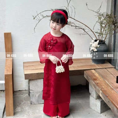 Áo Dài Tết Bé Gái Vải Lụa Gấm Đỏ Hoa 3D Nhẹ Nhàng, Thanh Lịch - Độc quyền OH KIDS 8