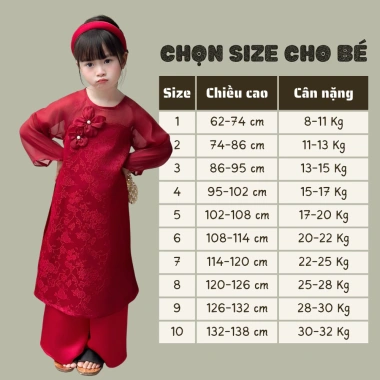 Áo Dài Tết Bé Gái Vải Lụa Gấm Đỏ Hoa 3D Nhẹ Nhàng, Thanh Lịch - Độc quyền OH KIDS 9