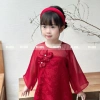 Áo Dài Tết Bé Gái Vải Lụa Gấm Đỏ Hoa 3D Nhẹ Nhàng, Thanh Lịch - Độc quyền OH KIDS 10