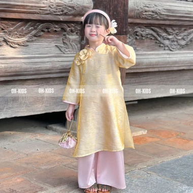 Áo Dài Tết Bé Gái Vải Lụa Vàng Ánh Kim Cao Cấp - Set Truyền Thống OH KIDS OH43 3