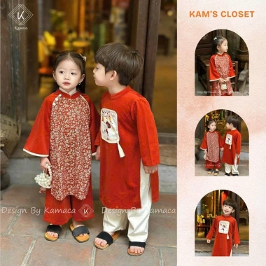 Áo dài Tết Bé họa tiết hoa nhí xinh xắn, nhung cotton mềm mại màu cam - 350.000₫