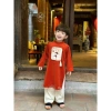 Áo dài Tết Bé họa tiết hoa nhí xinh xắn, nhung cotton mềm mại màu cam - 350.000₫ 7