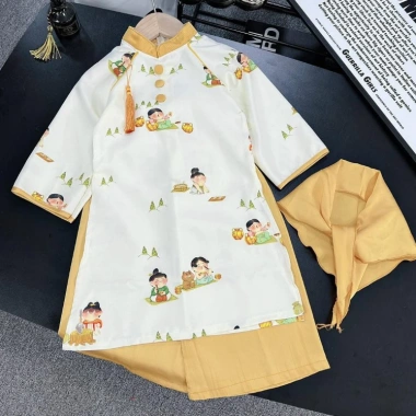 Áo dài Tết bé trai, bé gái cách tân 3D lụa chất kèm khăn đội đầu - Giảm 189k