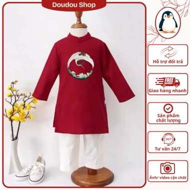 Áo dài Tết bé trai cách tân thêu vân hạc nhung dài tay Fullsize 175k