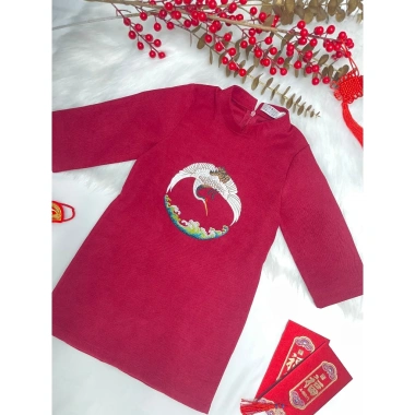 Áo dài Tết bé trai cách tân thêu vân hạc nhung dài tay Fullsize 175k