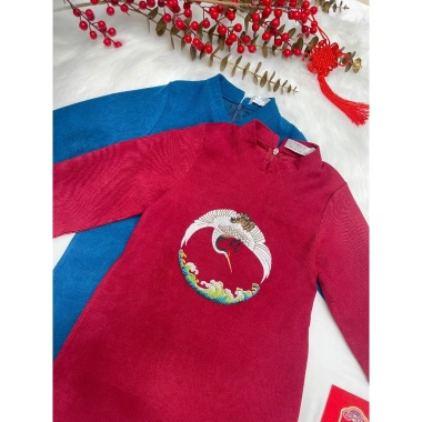 Áo dài Tết bé trai cách tân thêu vân hạc nhung dài tay Fullsize 175k