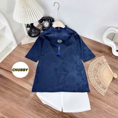 Áo Dài Tết Bé Trai Gái Vải Lụa Gấm Cao Cấp Thêu Chữ Siêu Xinh 9-27kg Chubby Store