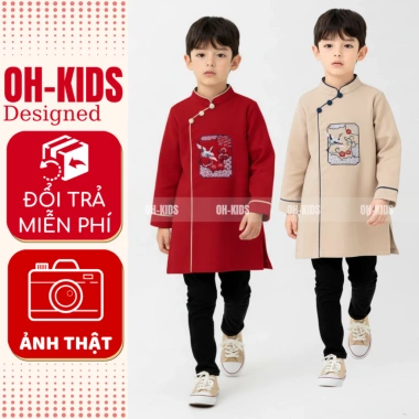 Áo dài tết bé trai màu đỏ kem thêu hạc mẫu OH KIDS OH25 - Giá 175.000 VND