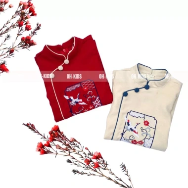 Áo dài tết bé trai màu đỏ kem thêu hạc mẫu OH KIDS OH25 - Giá 175.000 VND